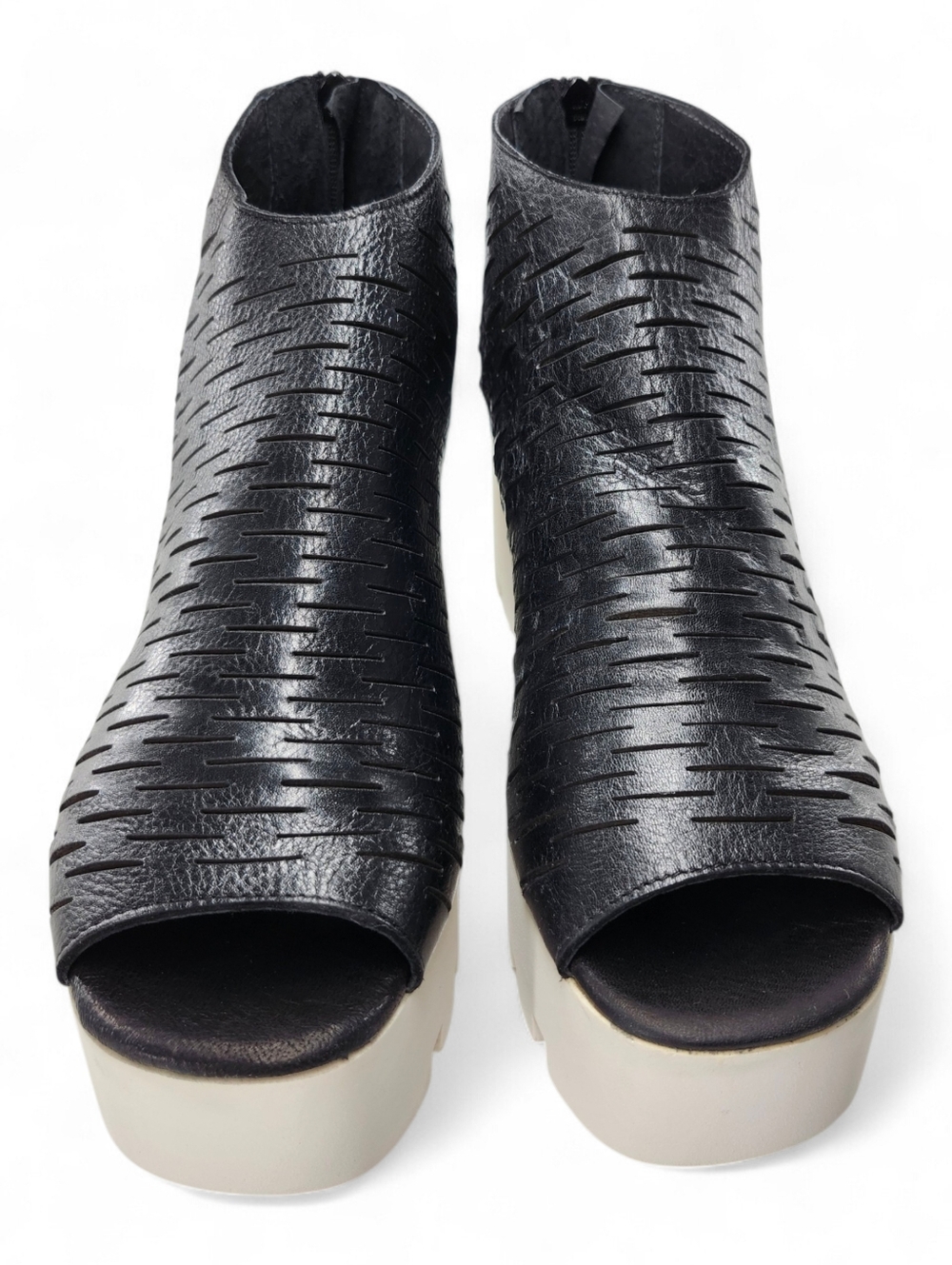 8100 Melrose Black Slit Leather Peep-Toe Ankle Back-Zip Wedge Sandals Italy - Picture 6 of 13